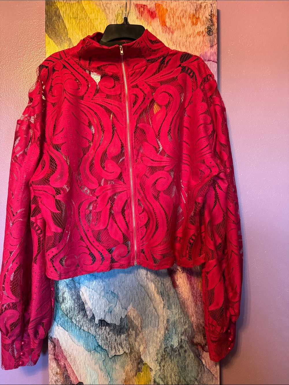Ashley Stewart Fushia  Sheer Patterned Long-Sleeve Top - Picture 5 of 8